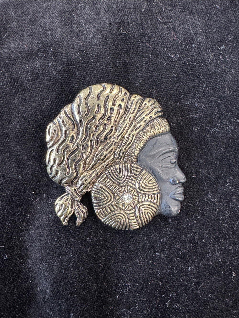 Vintage Black and Gold Profile Brooch with Textured Headwrap